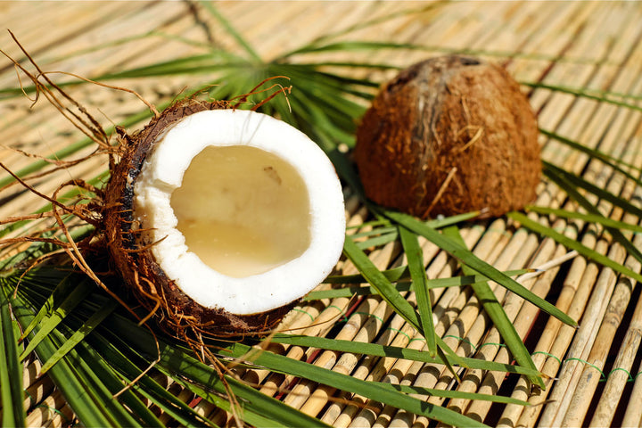 A split coconut on palm leaves — the article image from the live journal